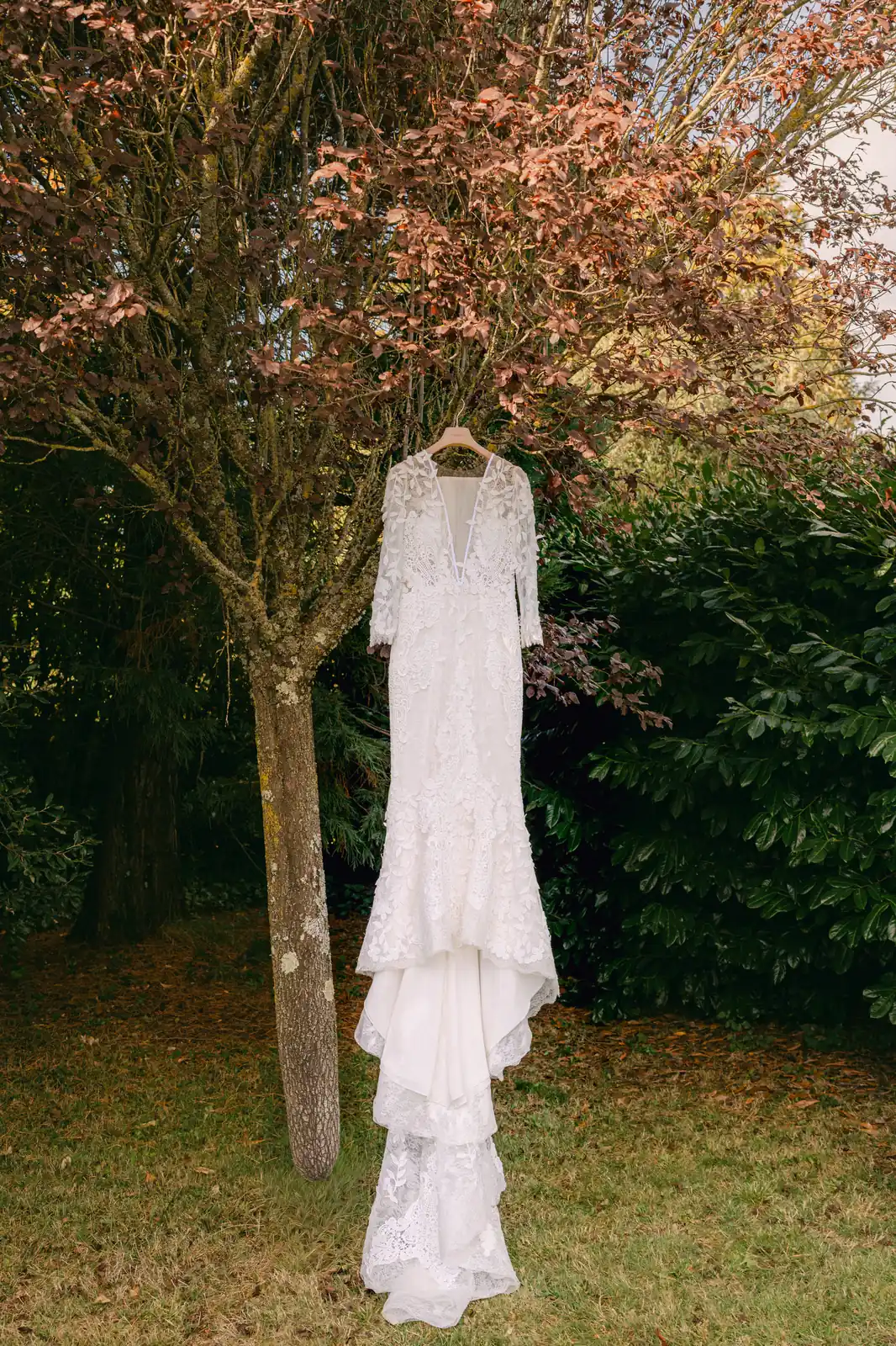 L'abito da sposa appeso a un albero durante i preparativi
